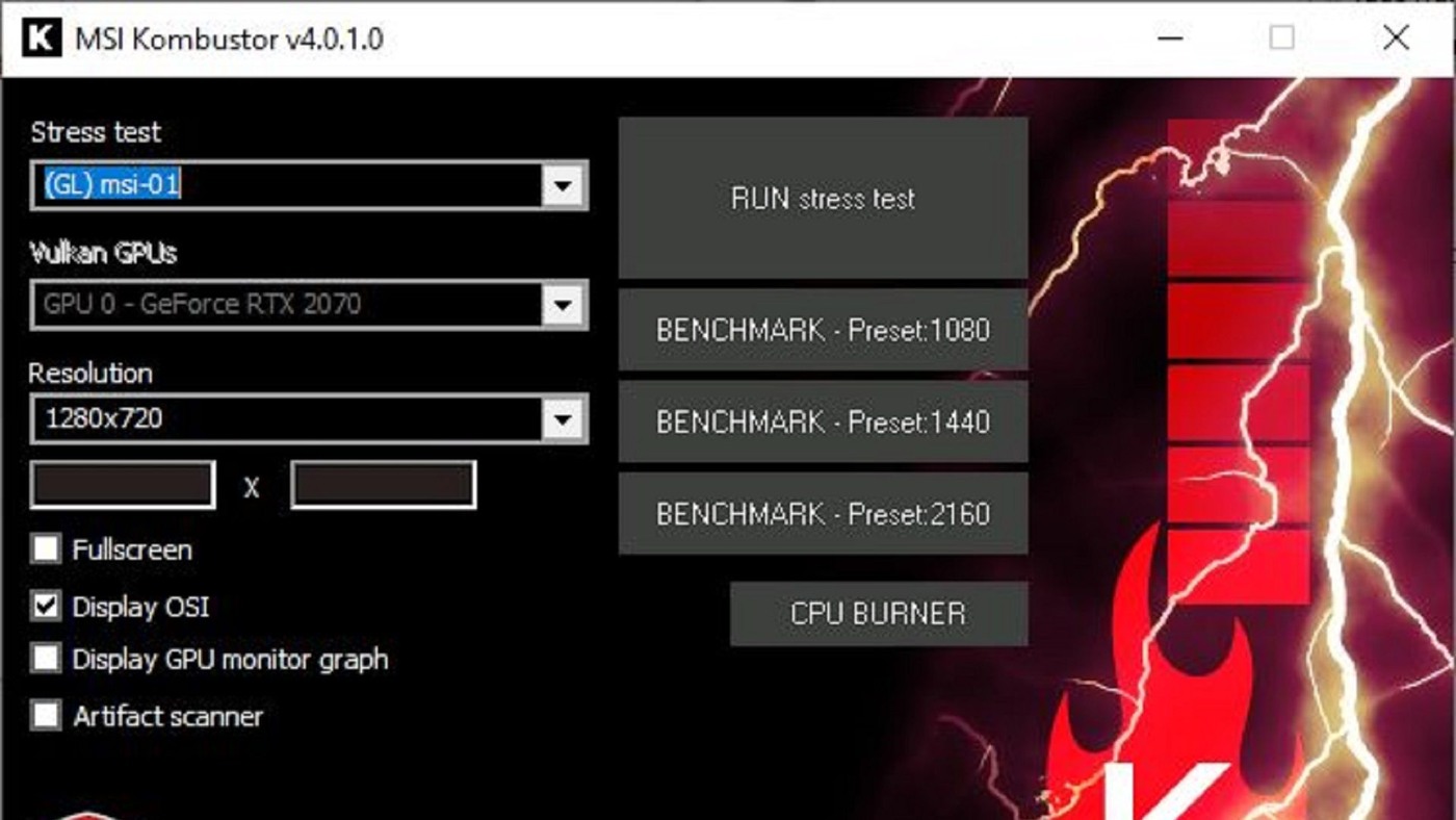Интерфейс MSI Kombustor 4 с выбором теста и сканером артефактов